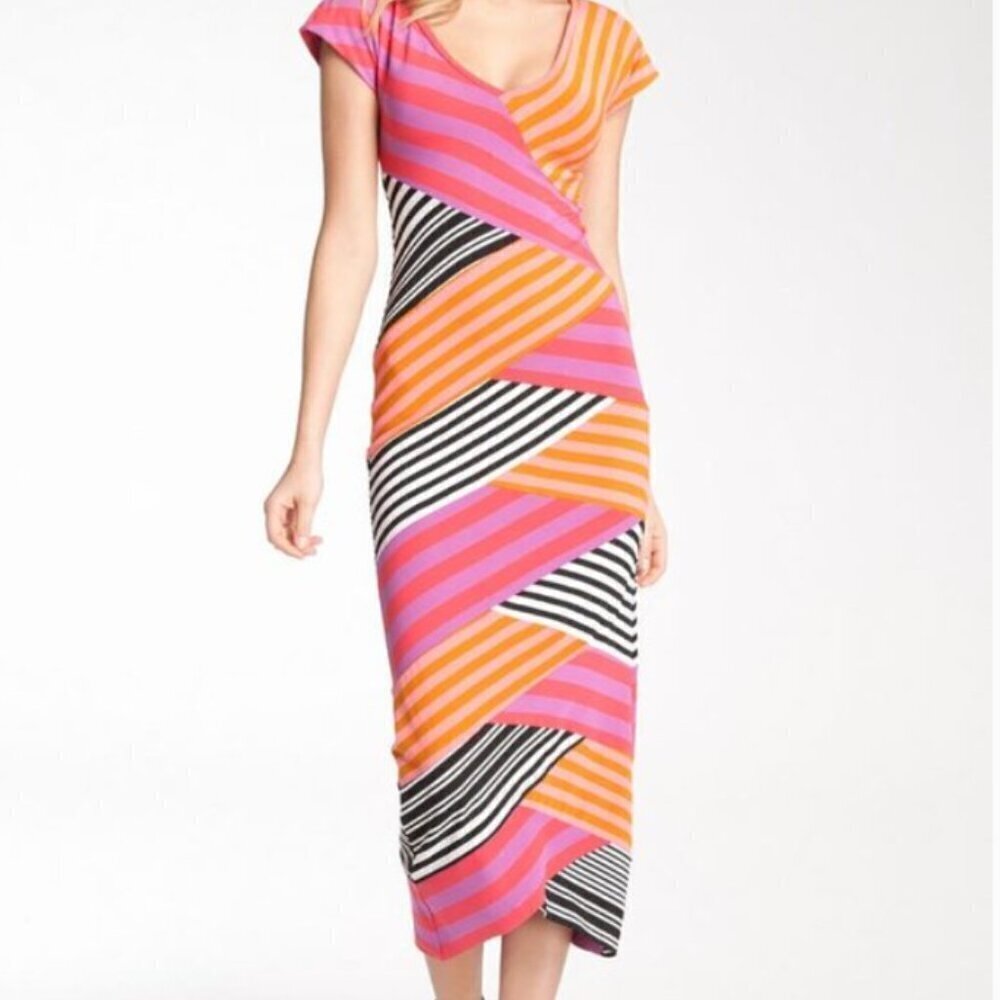 Nicole Miller Artelier GUC diagonal colorblock stripe artsy bodycon maxi dress S